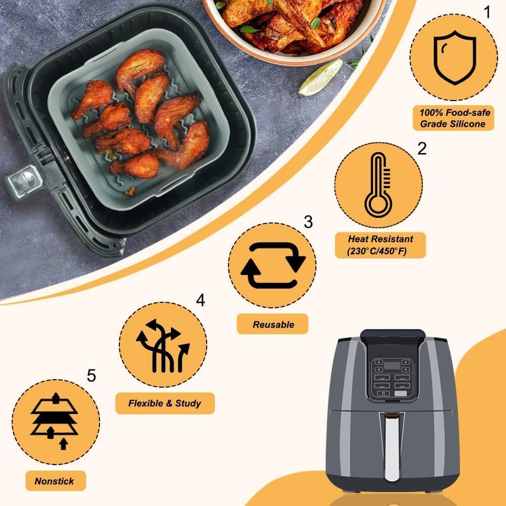 Air Fryer Silicone Pot, 8Inch Thick Reusable Liners, Square Baking Basket/Pan for Air fryer