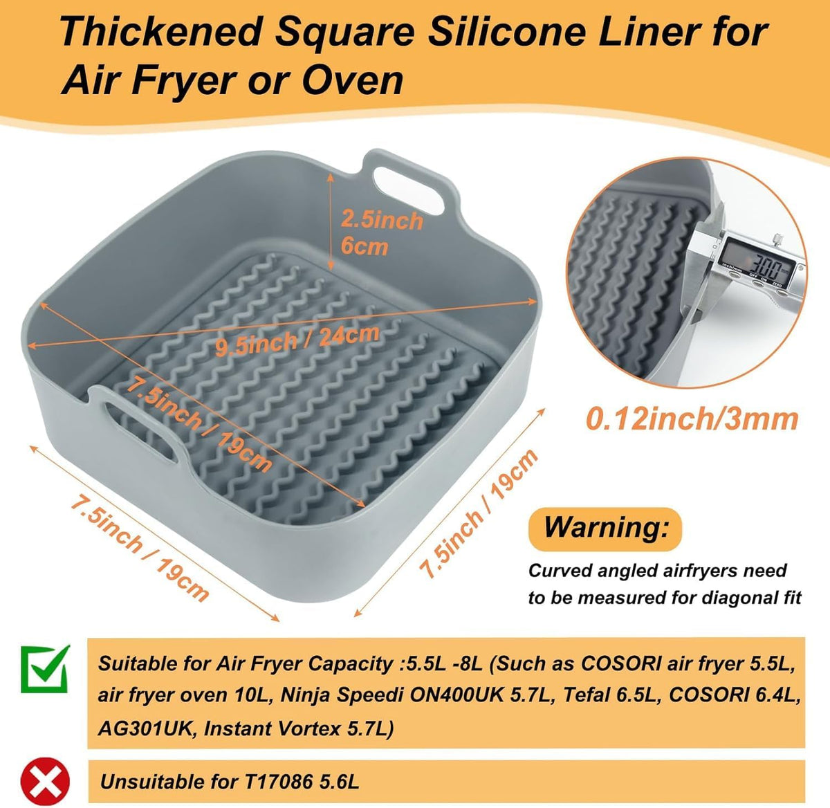Air Fryer Silicone Pot, 8Inch Thick Reusable Liners, Square Baking Basket/Pan for Air fryer